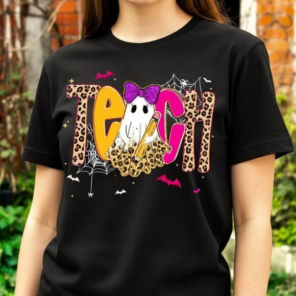 Trick Or Teach Tee, Cute Ghost with Pink Leopard Bow Tee - Picture 1 of 3